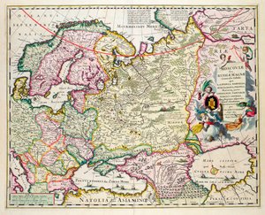 Mapa, de, ásia menor, mostrando, noruega, suécia, dinamarca, lapland, polônia, peru, rússia, e, a, moscou região, c.1626, (hand, colorido, prato, engraving)